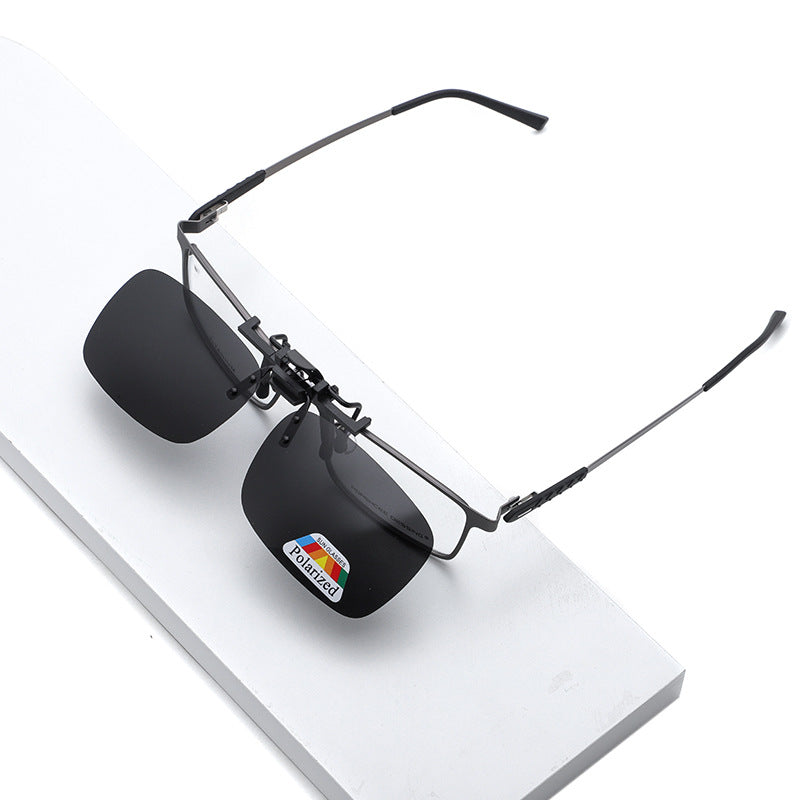 Polarized clip-on sunglasses, clip and frame fit detail