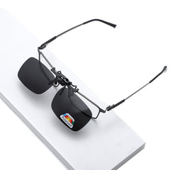 Polarized clip-on sunglasses, clip and frame fit detail