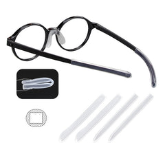 Twist-on silicone eyeglass temple tips, fit and opening detail