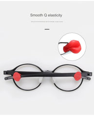 Soft silicone eyeglass retainer hooks shown for compatible frame temples
