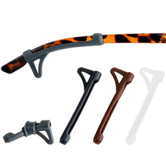 Long silicone temple sleeves with hook design, fit and opening detail