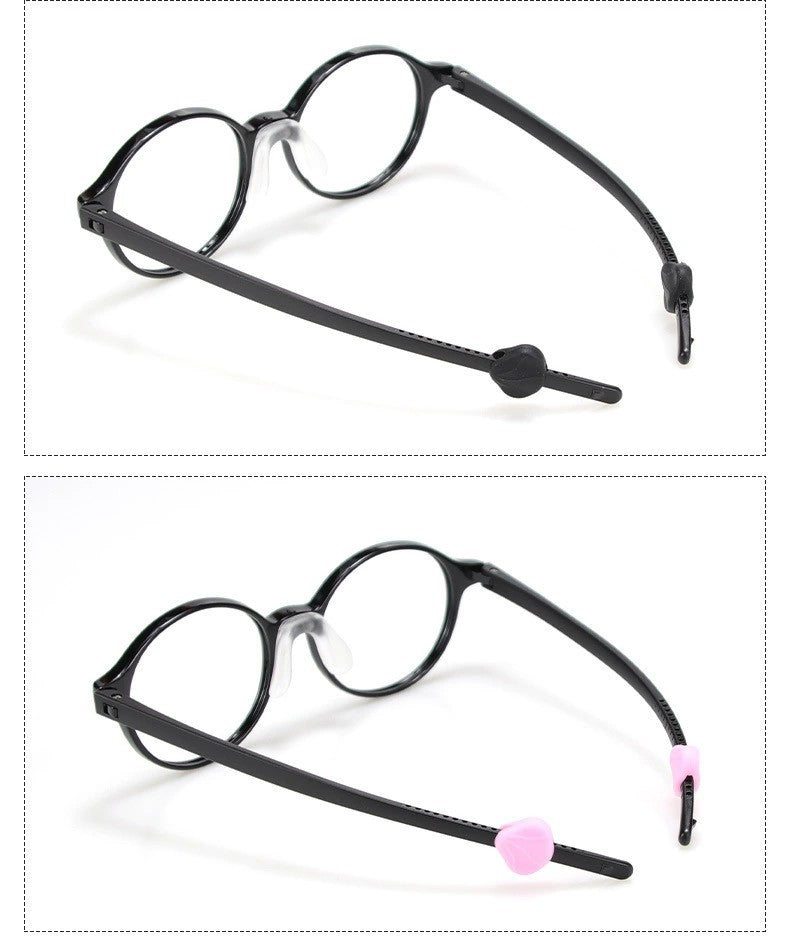 Soft silicone eyeglass ear grips, fit and opening detail