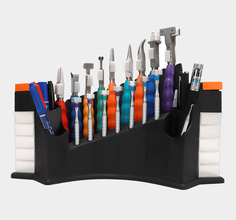 Optical eyeglass repair workbench, tool storage and work area detail