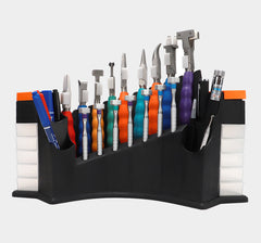 Optical eyeglass repair workbench, tool storage and work area detail