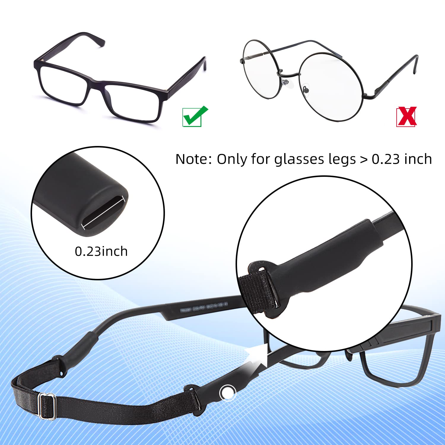No-tail adjustable eyeglass retainer straps, fit and connector detail