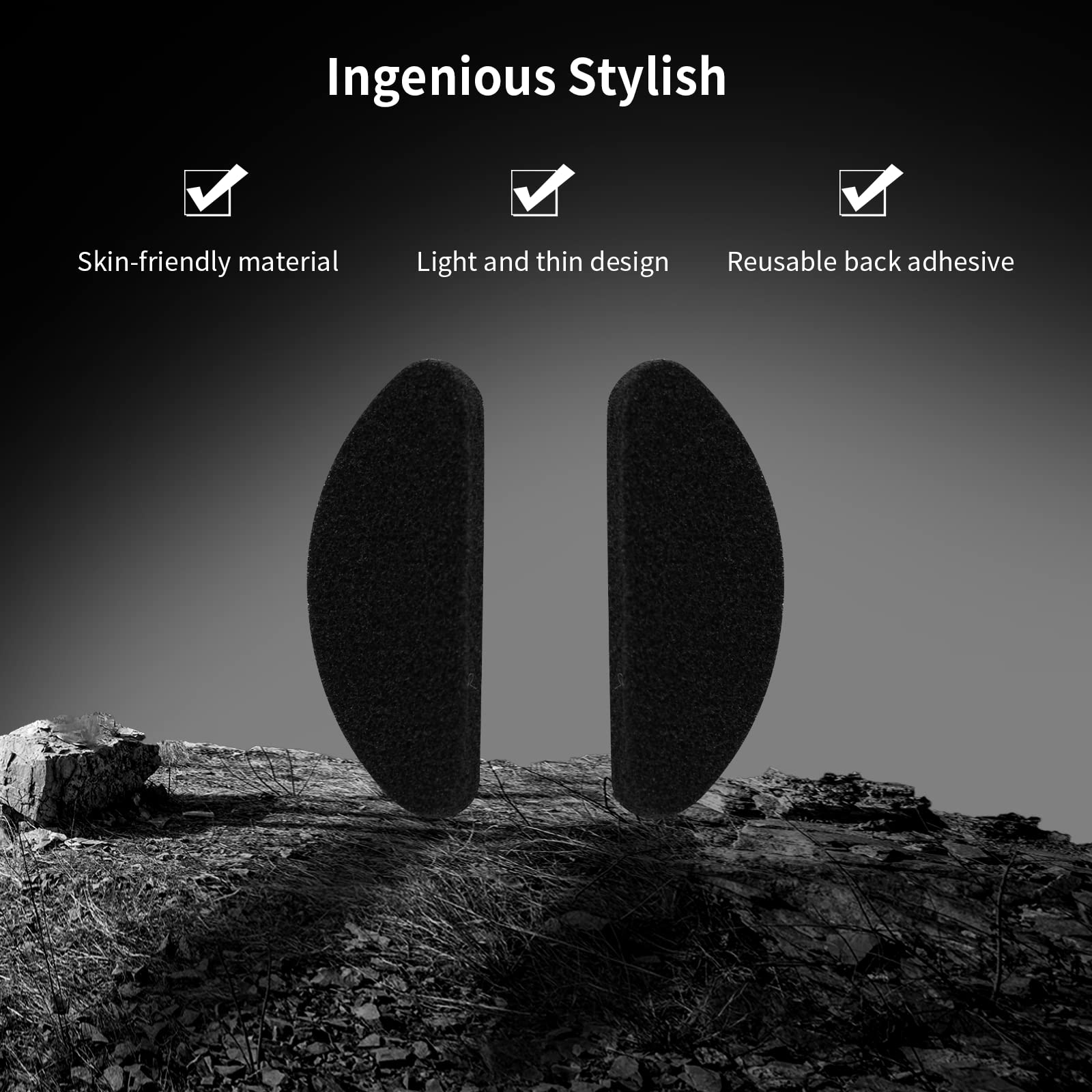 Soft foam stick-on nose pads for eyeglasses, black detail view