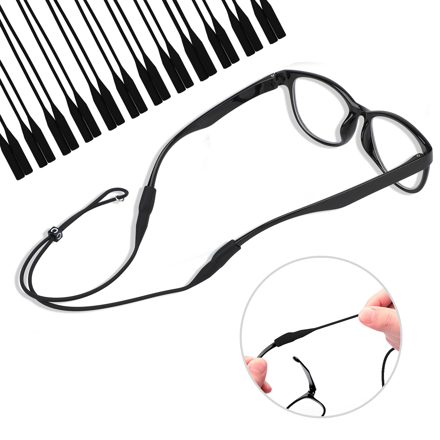 Adjustable silicone eyeglass retainer straps, product detail view