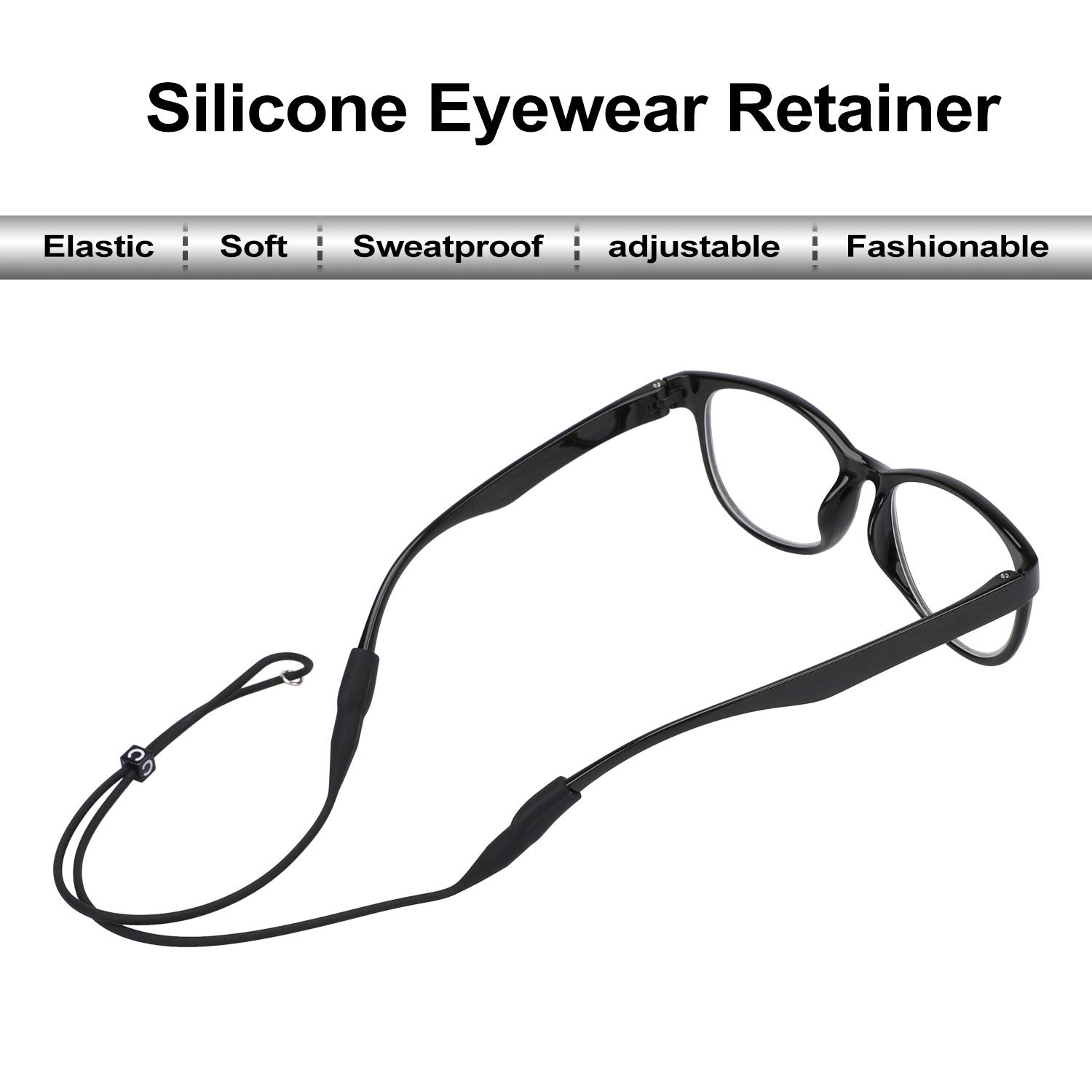 Adjustable silicone eyeglass retainer straps, fit and buckle detail