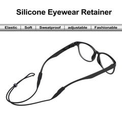 Adjustable silicone eyeglass retainer straps, fit and buckle detail