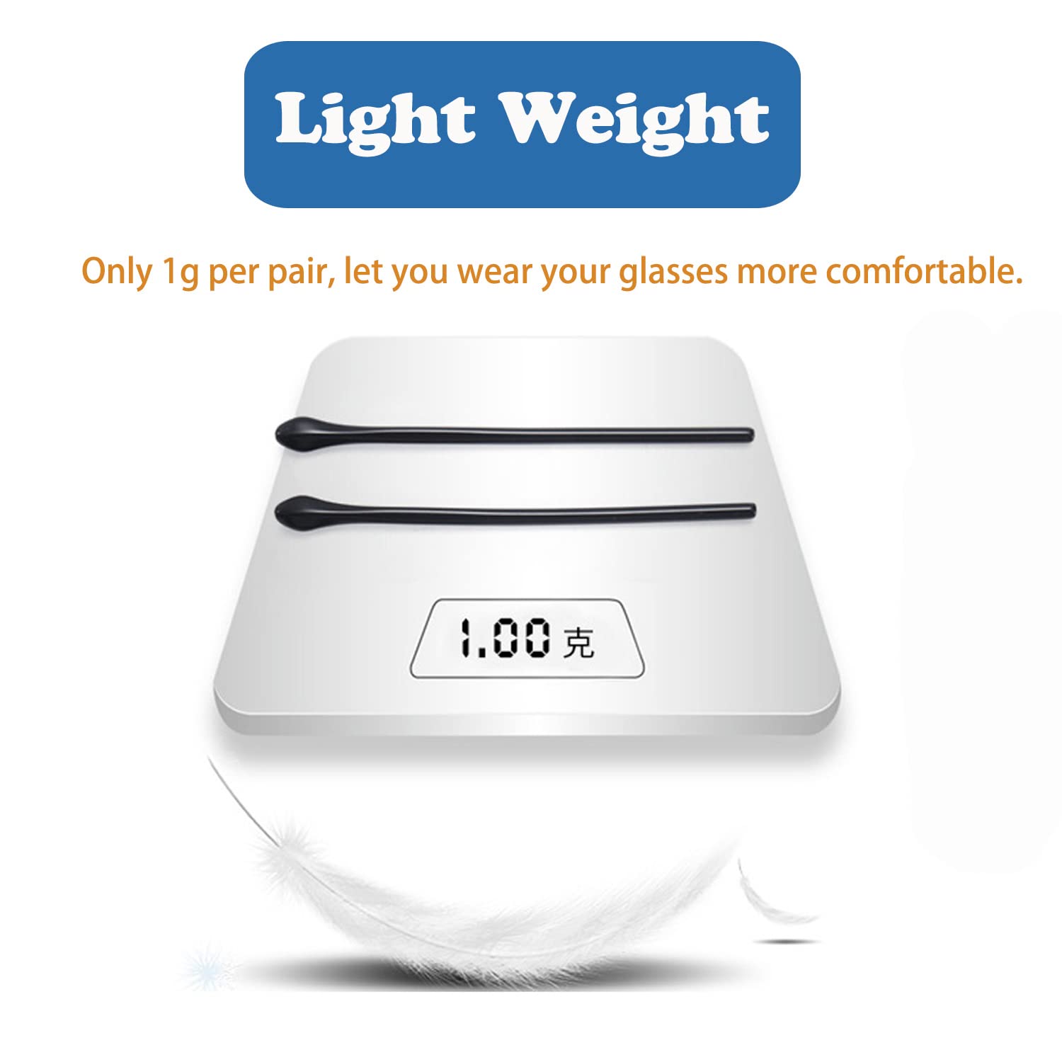 Plastic eyeglass temple end tips for thin round metal arms, close-up view