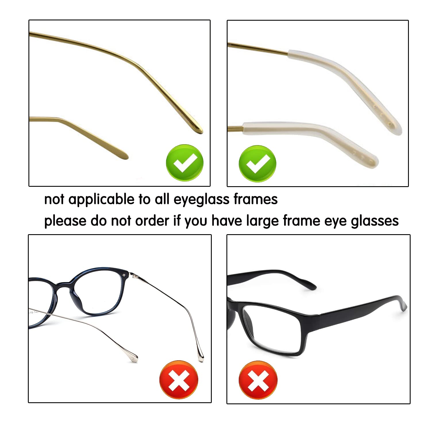 Silicone temple end tips for thin metal eyeglasses, close-up view