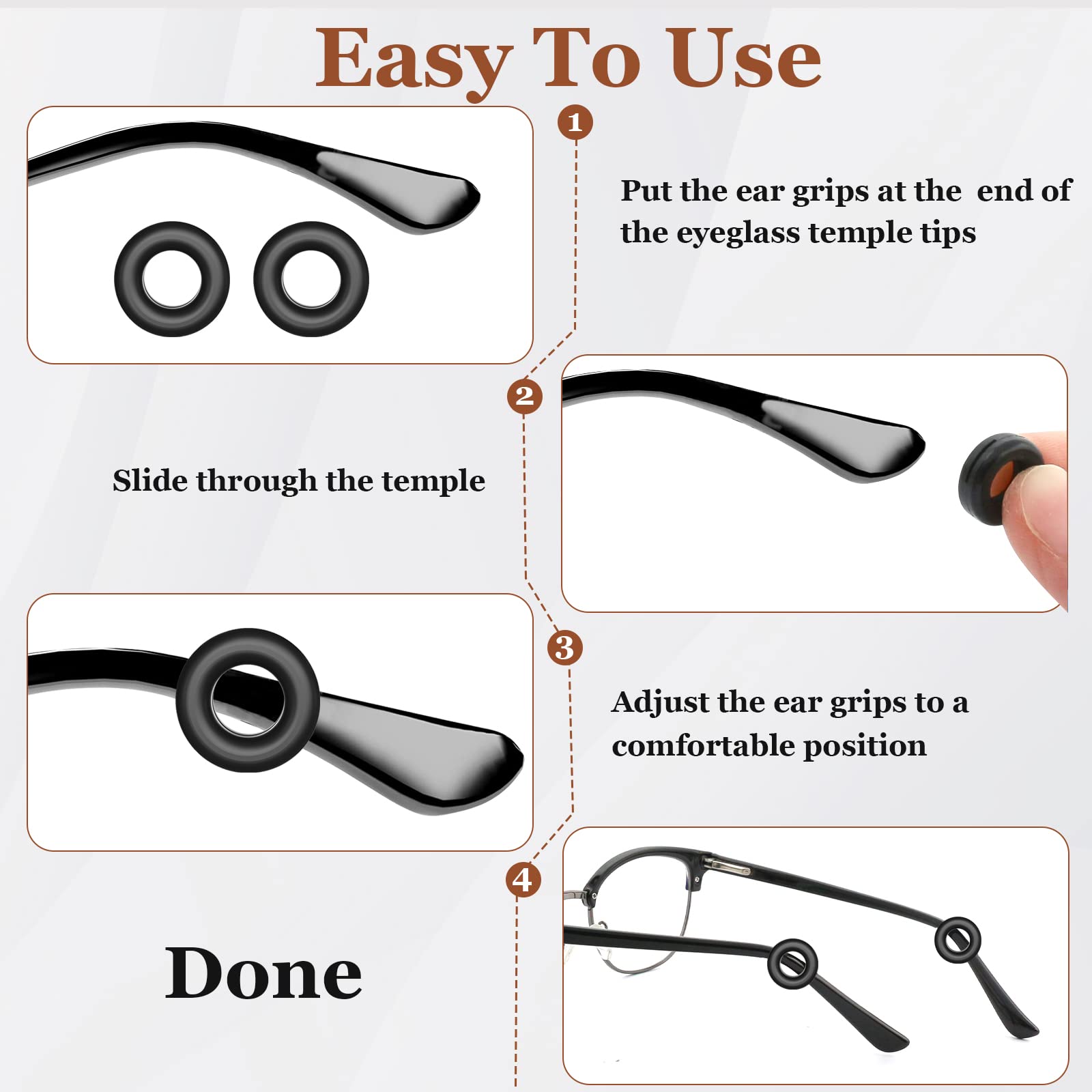 Silicone eyeglass retainer grips, fit and shape detail