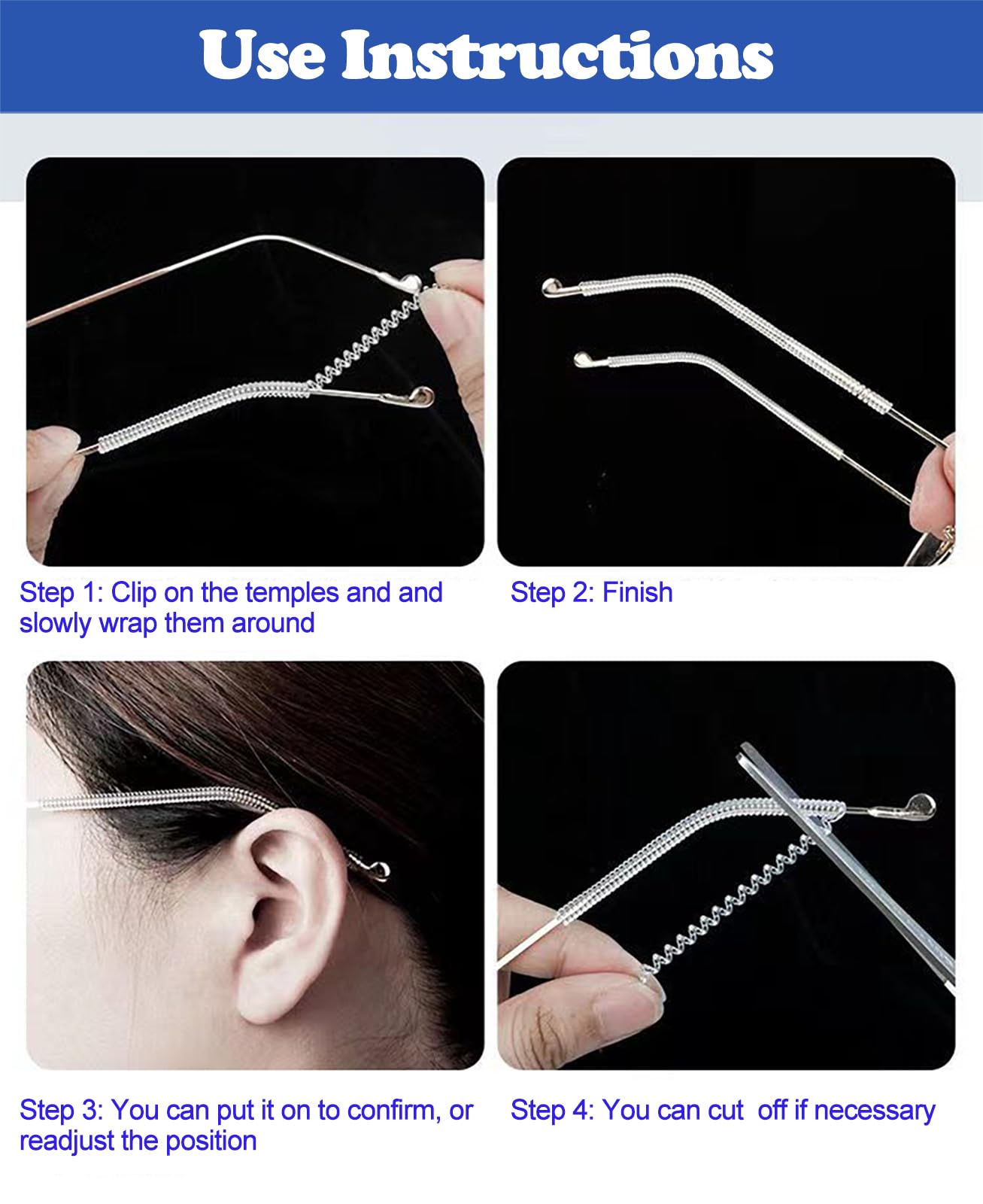Stretch TPU spring-style eyeglass temple sleeves, fit and opening detail