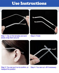 Stretch TPU spring-style eyeglass temple sleeves, fit and opening detail