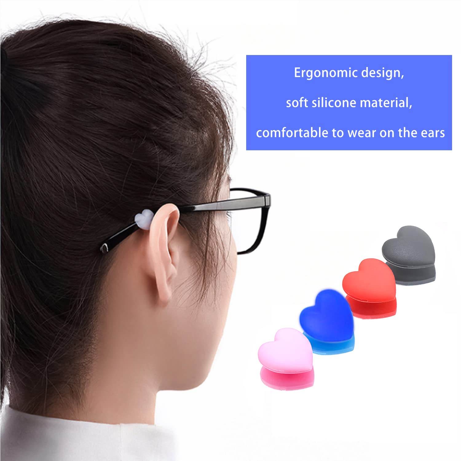 Heart-shaped silicone eyeglass ear grips, fit and opening detail