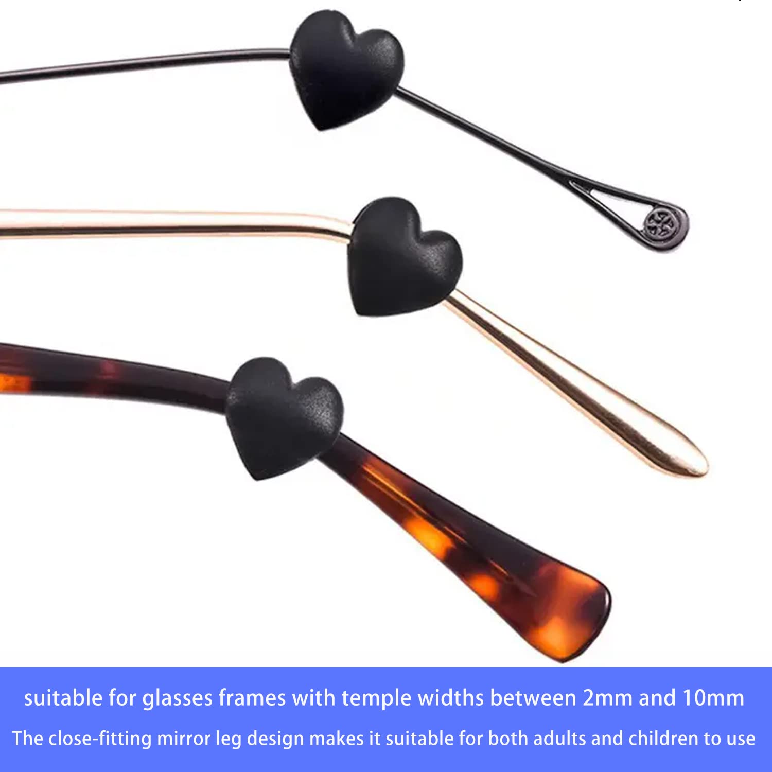 Heart-shaped eyeglass ear grips, close-up product detail