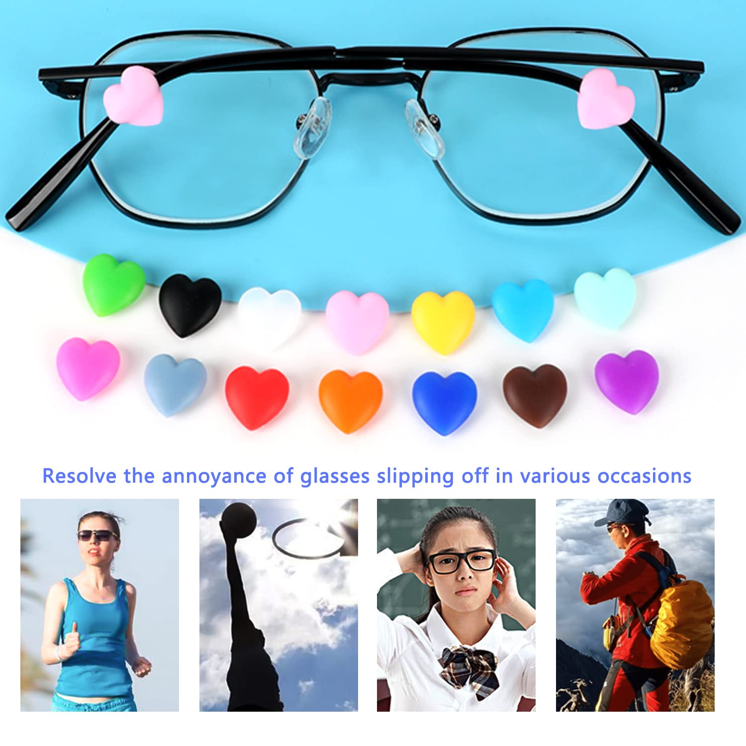 Heart-shaped silicone eyeglass retainers, color option detail