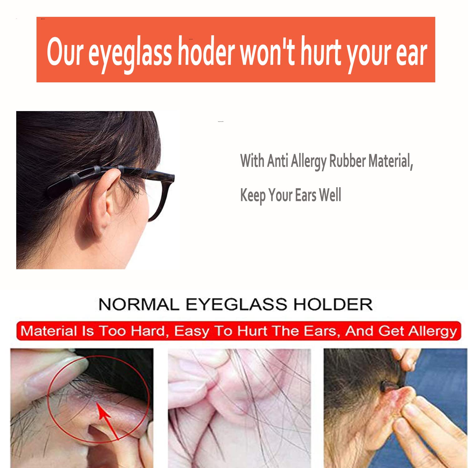 Soft silicone eyeglass ear cushions, fit detail