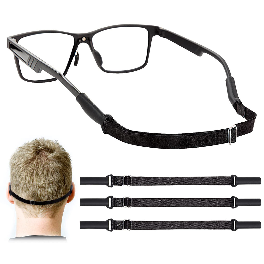 Adjustable EBJDE glasses strap shown for comparing length and tension