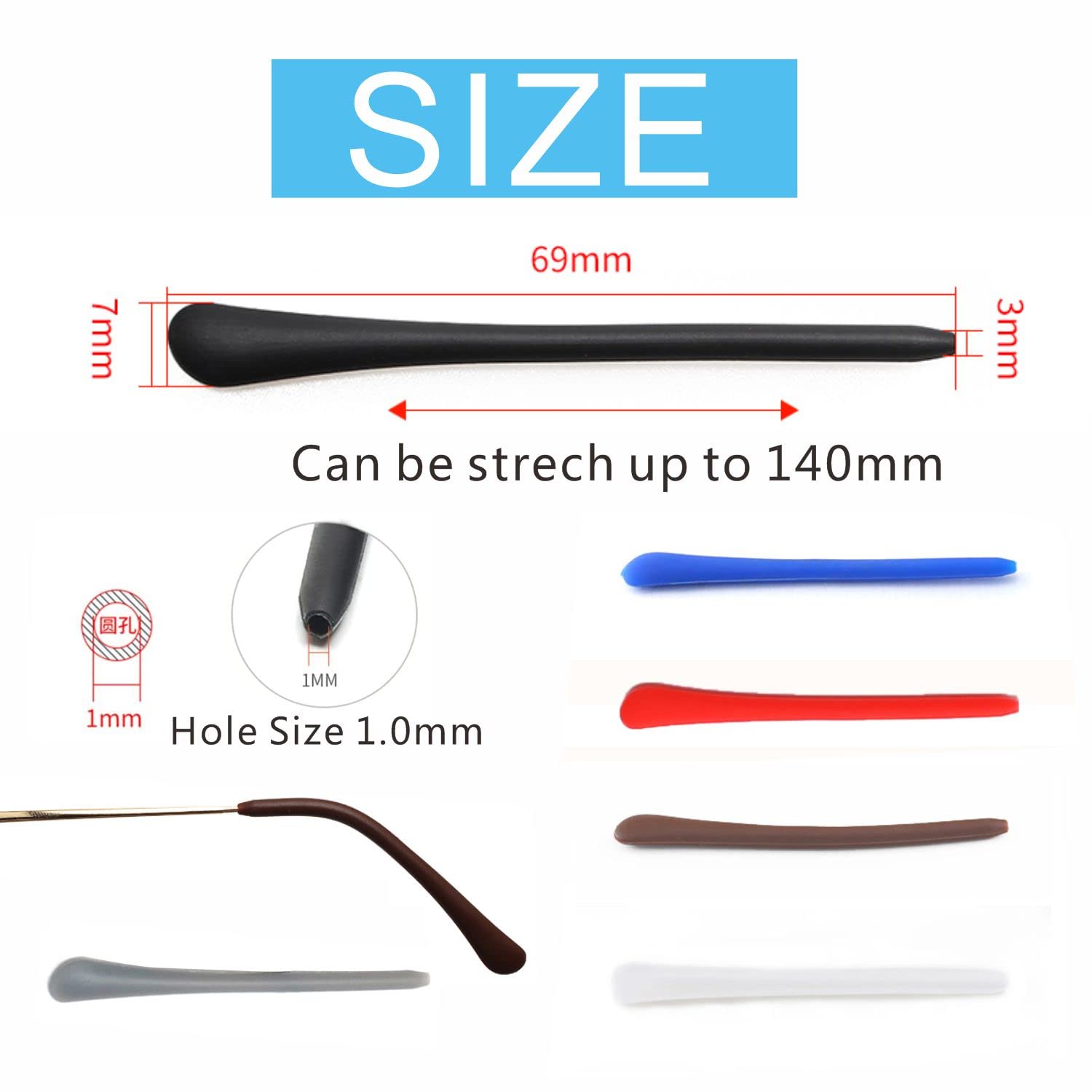 Silicone Anti-Slip Eyeglass End Tips Ear Cushions Ear Sock Pieces Tube Temple Tips Spectacle Retainers Elastic Comfort Replacement Tips for Thin Metal Eyeglass Legs