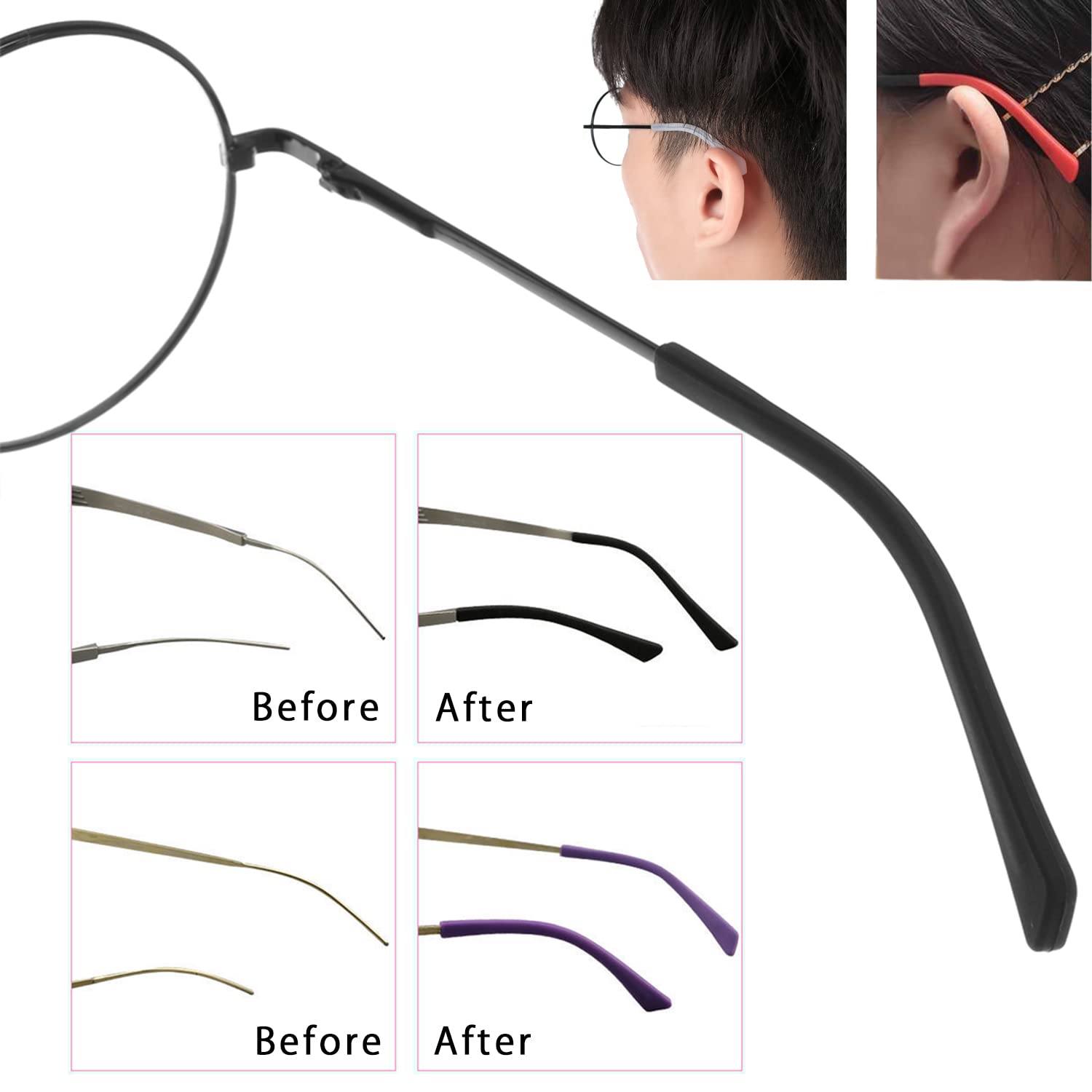 Anti-Slip Silicone Eyeglass End Tips Ear Sock Pieces Tube Eyewear Comfort Replacement Tips for Flat Thin Metal Eyeglass Legs