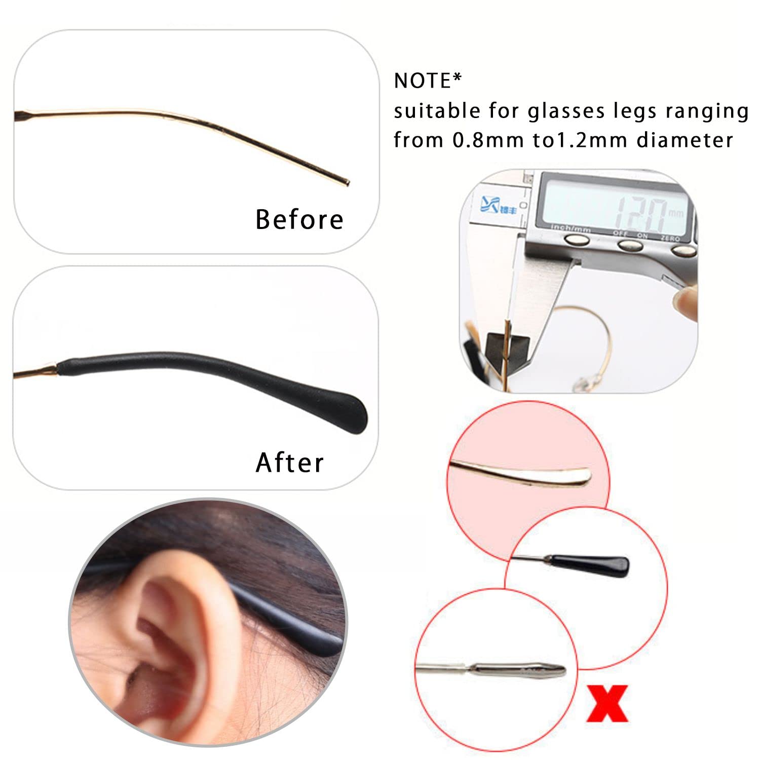 Silicone Anti-Slip Eyeglass End Tips Ear Cushions Ear Sock Pieces Tube Temple Tips Spectacle Retainers Elastic Comfort Replacement Tips for Thin Metal Eyeglass Legs