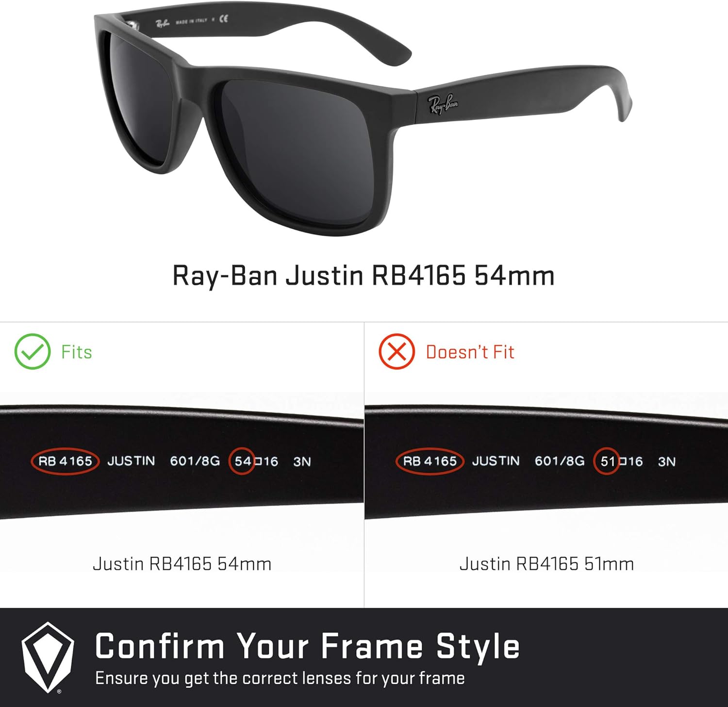 Replacement Lenses for Ray-Ban Justin RB4165 54mm sunglasses, Polarized Options, Anti-Scratch and Impact Resistant