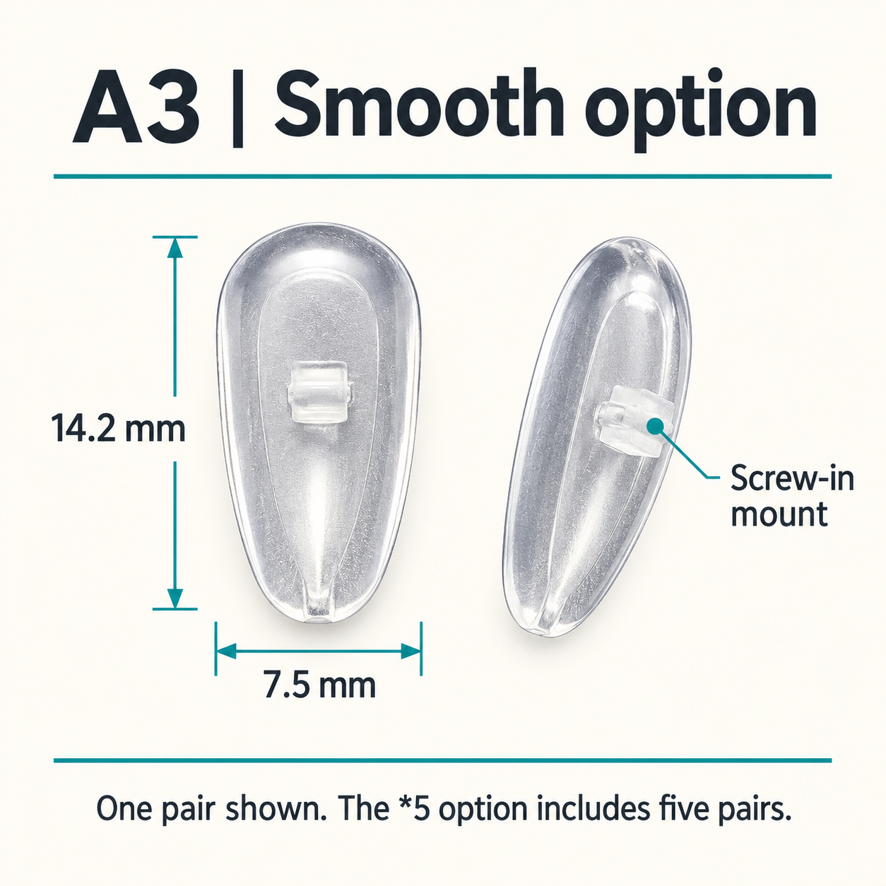 One pair of smooth A3 nose pads with 14.2 x 7.5 mm dimensions
