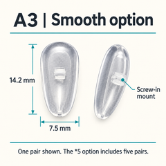 One pair of smooth A3 nose pads with 14.2 x 7.5 mm dimensions