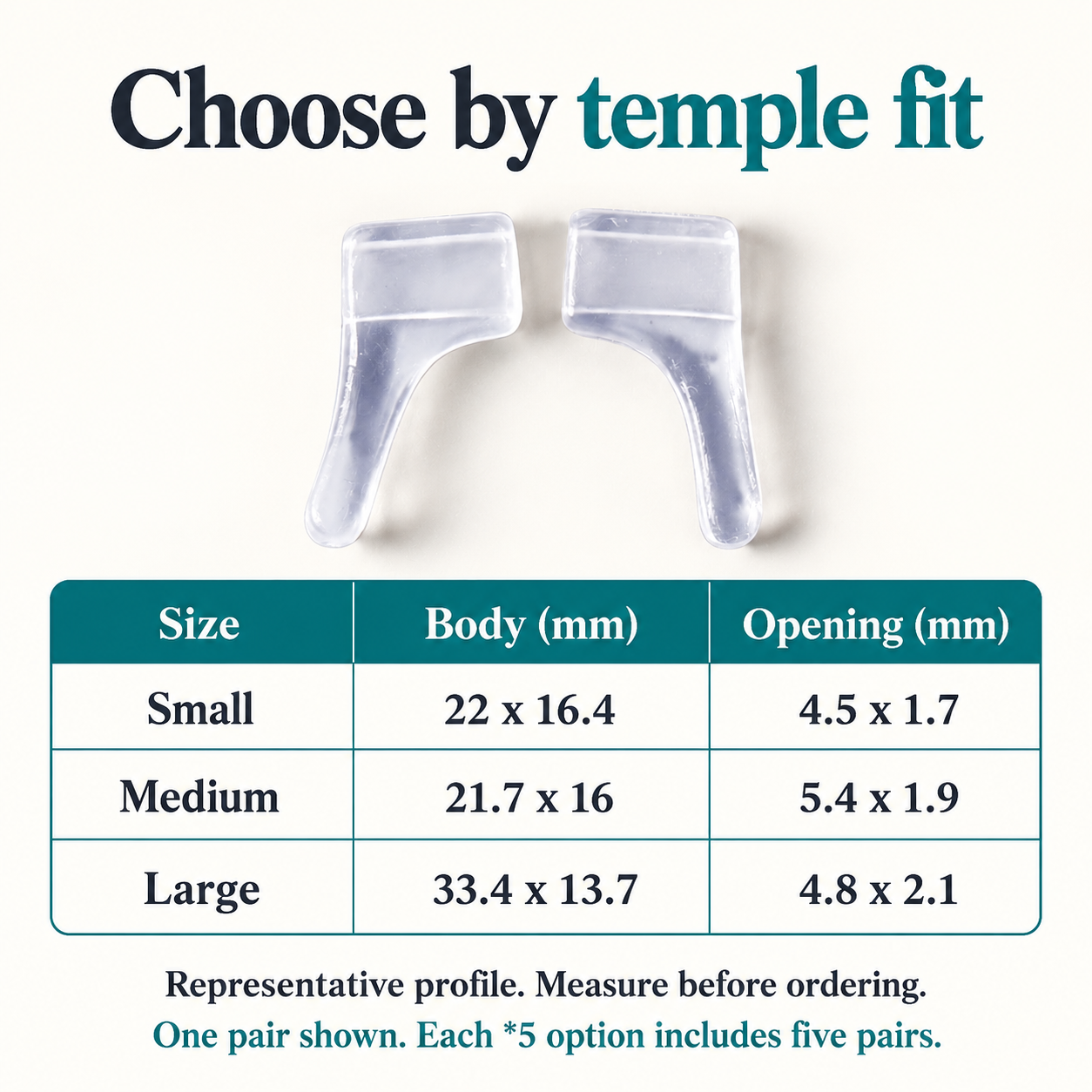 Ear grip size comparison: Small, Medium and Large body and sleeve opening dimensions; one pair shown