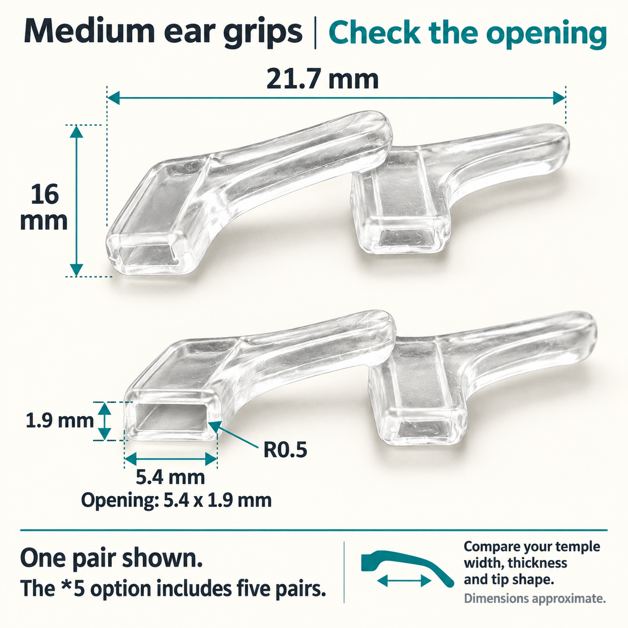 One pair of medium ear grips, 21.7 x 16 mm, opening 5.4 x 1.9 mm