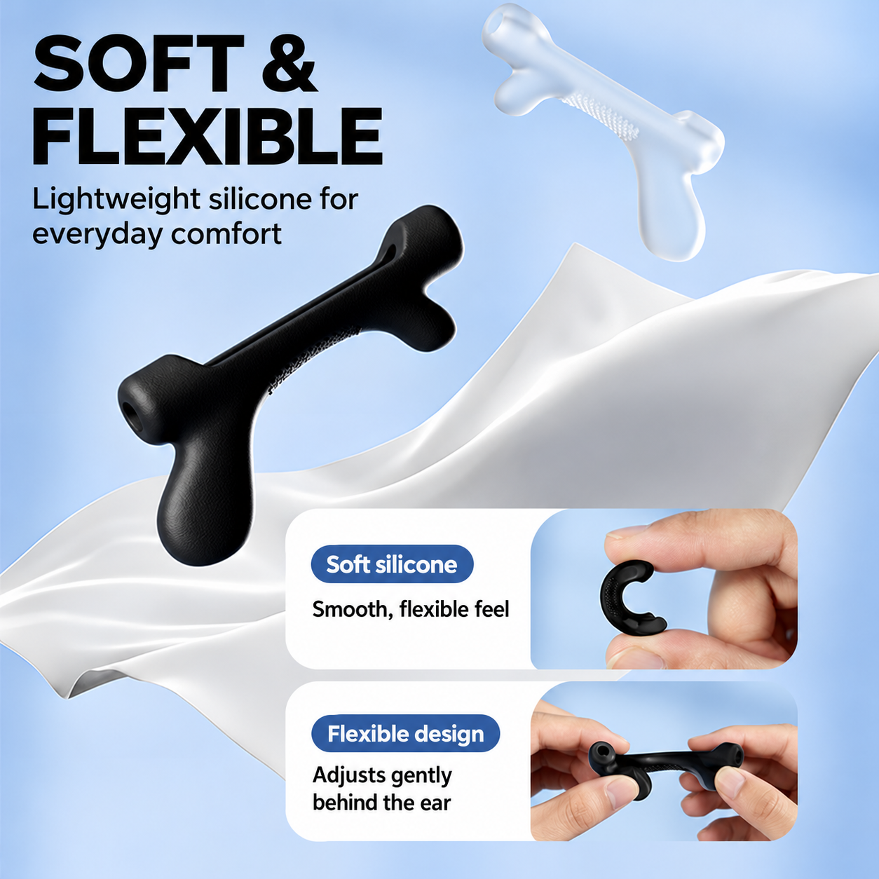 Soft flexible silicone ear hooks with material and flexibility close-ups