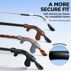 Four colors of silicone ear hooks mounted on compatible eyeglass arms with textured grip detail
