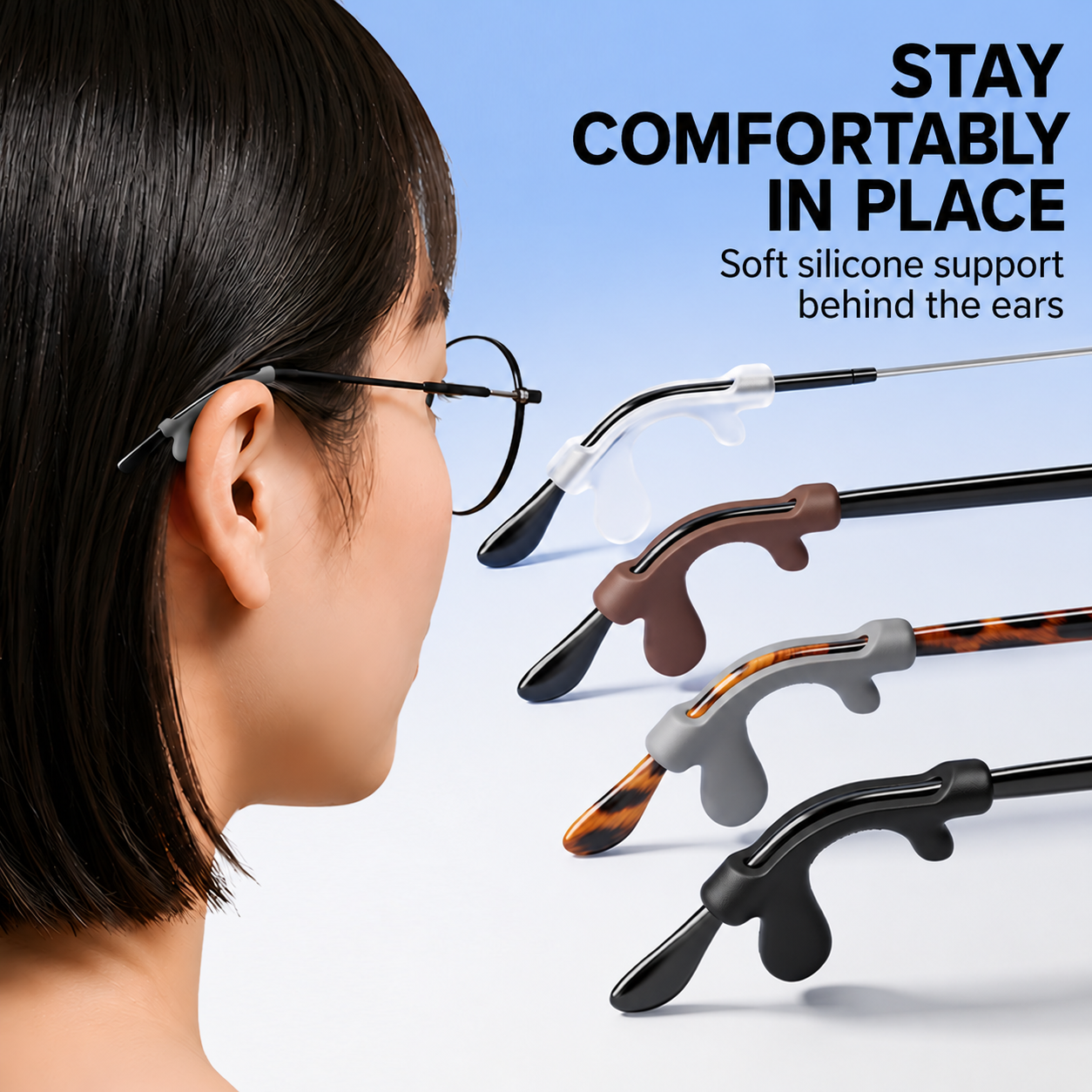 Silicone eyeglass hook positioned behind the ear for a comfortable fit
