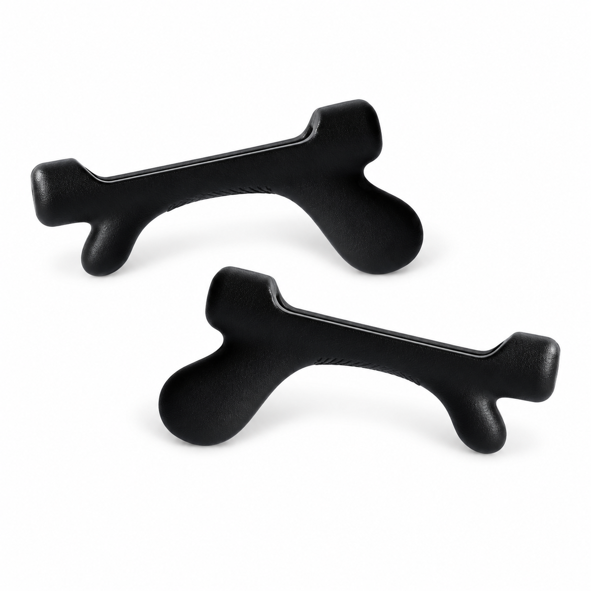 One pair of black silicone eyeglass ear hooks, two pieces on a white background