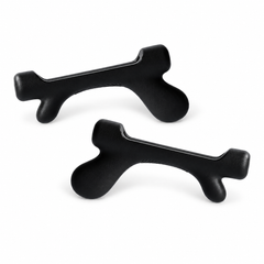 One pair of black silicone eyeglass ear hooks, two pieces on a white background