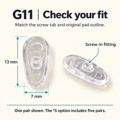 One pair of G11 parts showing 13 x 7 mm dimensions and Screw-in, same design for either side