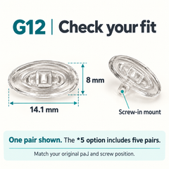 One pair of G12 parts showing 14.1 x 8 mm dimensions and Screw-in, same design for either side