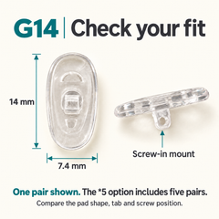 One pair of G14 nose pads with 14 x 7.4 mm dimensions and screw tab