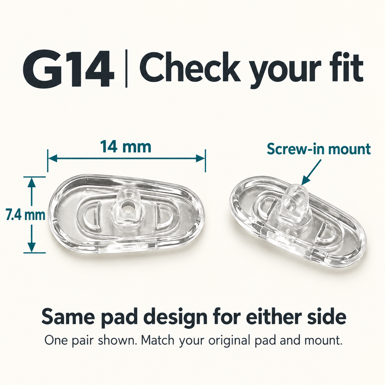 One pair of G14 nose pads showing 14 x 7.4 mm dimensions and screw-in mount