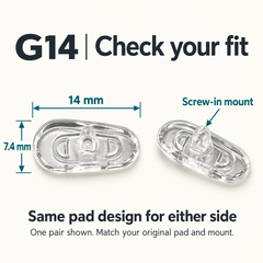 One pair of G14 nose pads showing 14 x 7.4 mm dimensions and screw-in mount