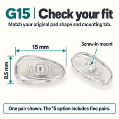 G15 nose pads, one pair, 15 x 8.5 mm dimensions and screw-in mounting tab