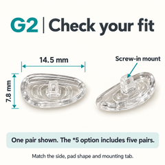 One pair of G2 parts showing 14.5 x 7.8 mm dimensions and Screw-in, left and right paired