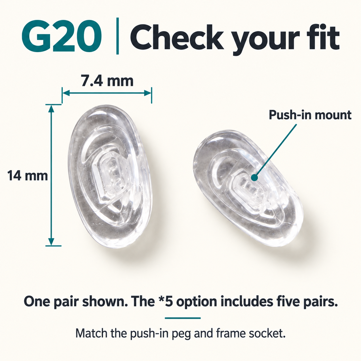 One pair of G20 parts showing 14 x 7.4 mm dimensions and Push-in / snap-in