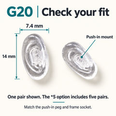 One pair of G20 parts showing 14 x 7.4 mm dimensions and Push-in / snap-in