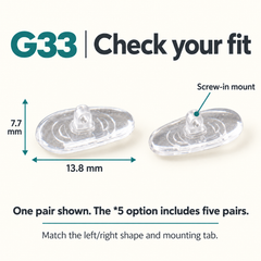 One pair of G33 parts showing 13.8 x 7.7 mm dimensions and Screw-in, left and right paired