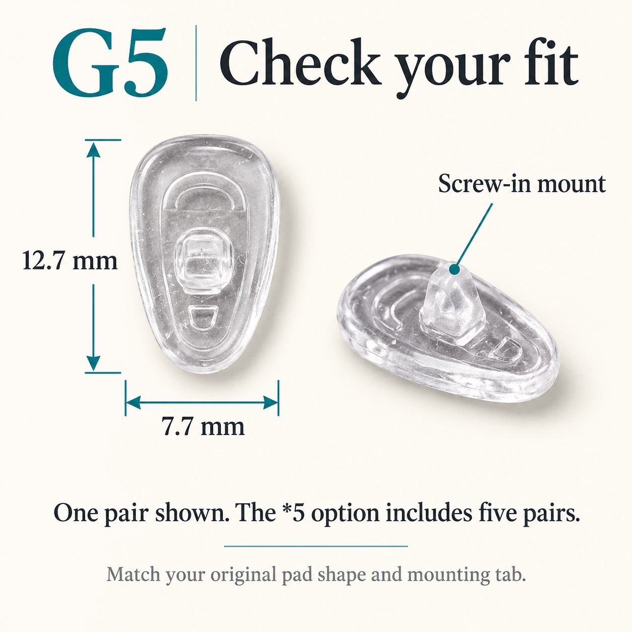 One pair of G5 nose pads showing 12.7 x 7.7 mm dimensions and screw mount