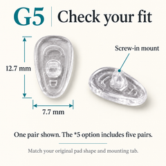 One pair of G5 nose pads showing 12.7 x 7.7 mm dimensions and screw mount