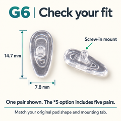 One pair of G6 parts showing 14.7 x 7.8 mm dimensions and Screw-in, same design for either side