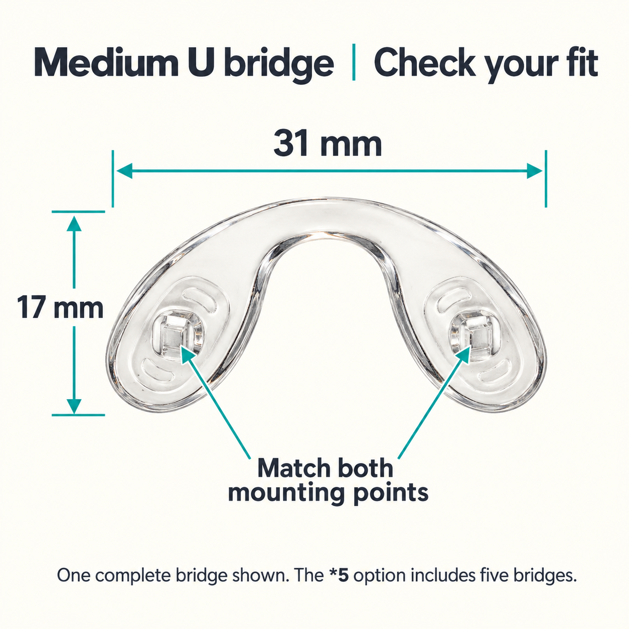 One complete medium U bridge showing 31 x 17 mm dimensions and mounting positions